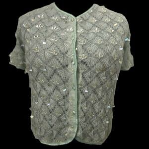 Vintage Mint Green Beaded Short Sleeve Sweater Size Small